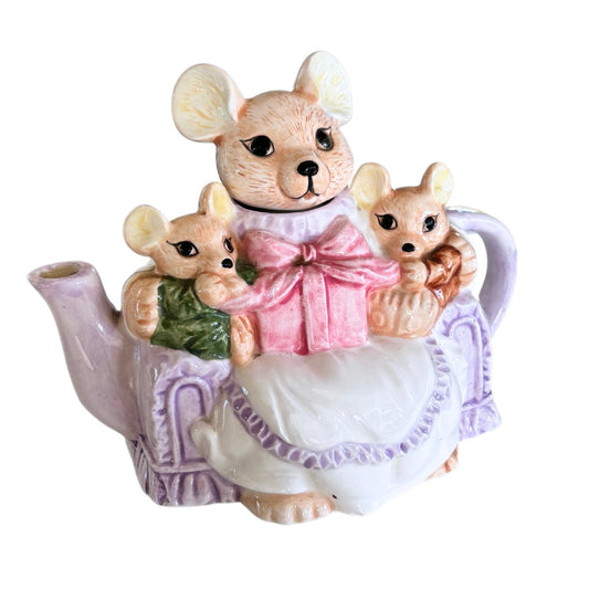 Kitsch Vintage Handpainted Teapot Mouse Family