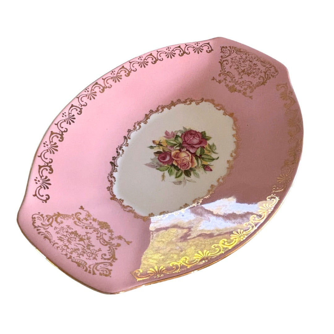 VINTAGE FIGGJO FLINT NORWAY PINK FLORAL DISH GOLD SANDWICH CAKE