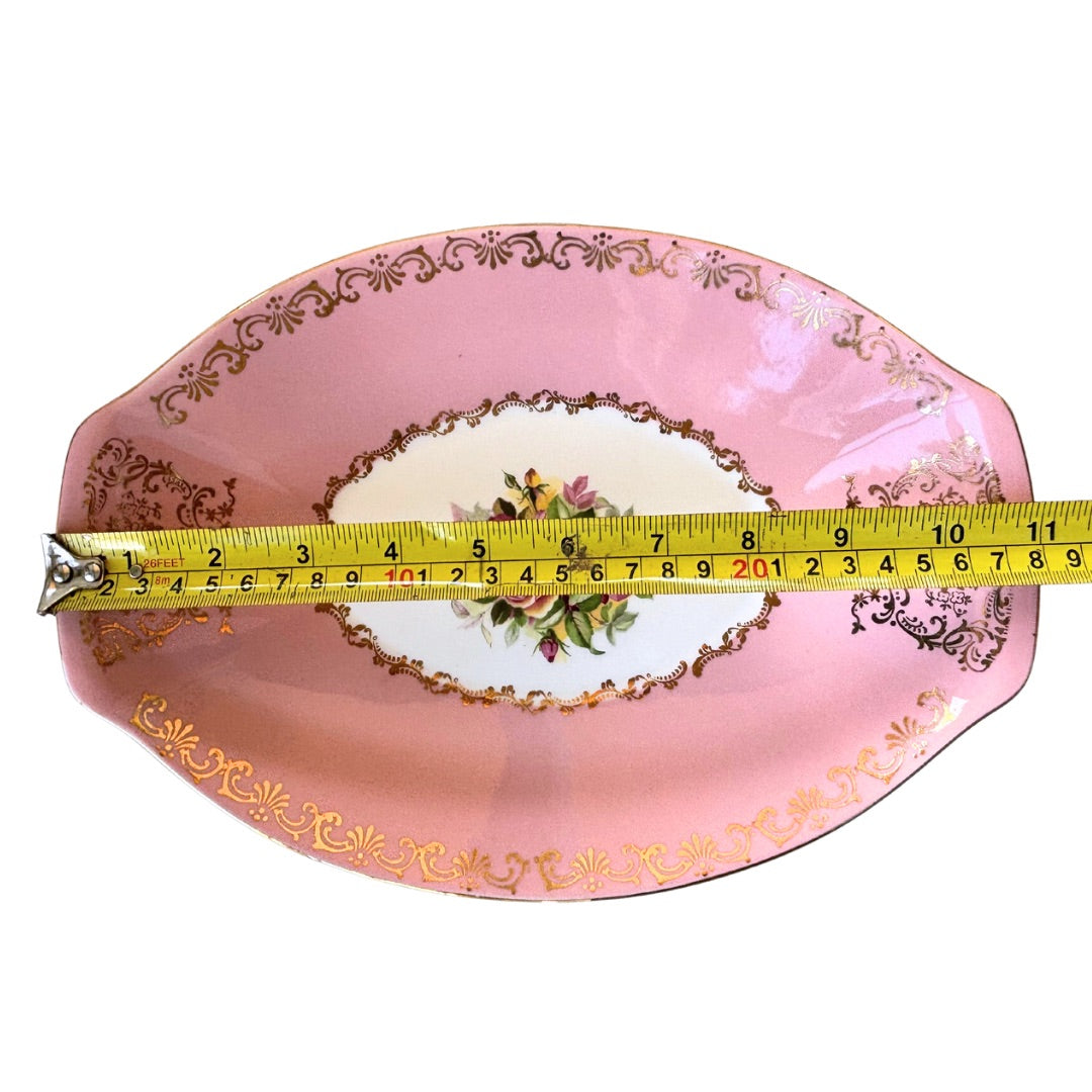 VINTAGE FIGGJO FLINT NORWAY PINK FLORAL DISH GOLD SANDWICH CAKE