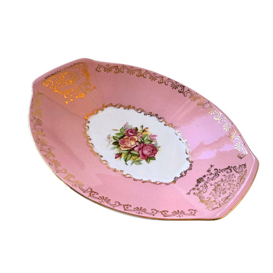 VINTAGE FIGGJO FLINT NORWAY PINK FLORAL DISH GOLD SANDWICH CAKE