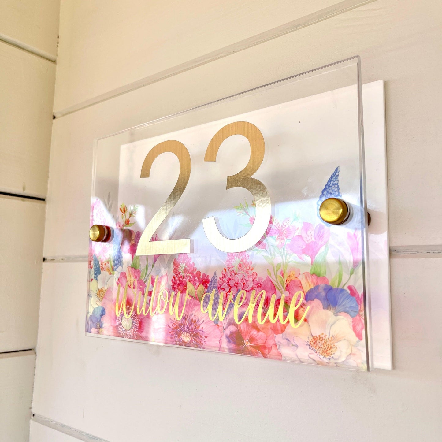 Floral House Sign Wall Cottage Door Number Street Name Plaque Acrylic Dual Layer Pretty Birds Butterflies - Luxx Signs