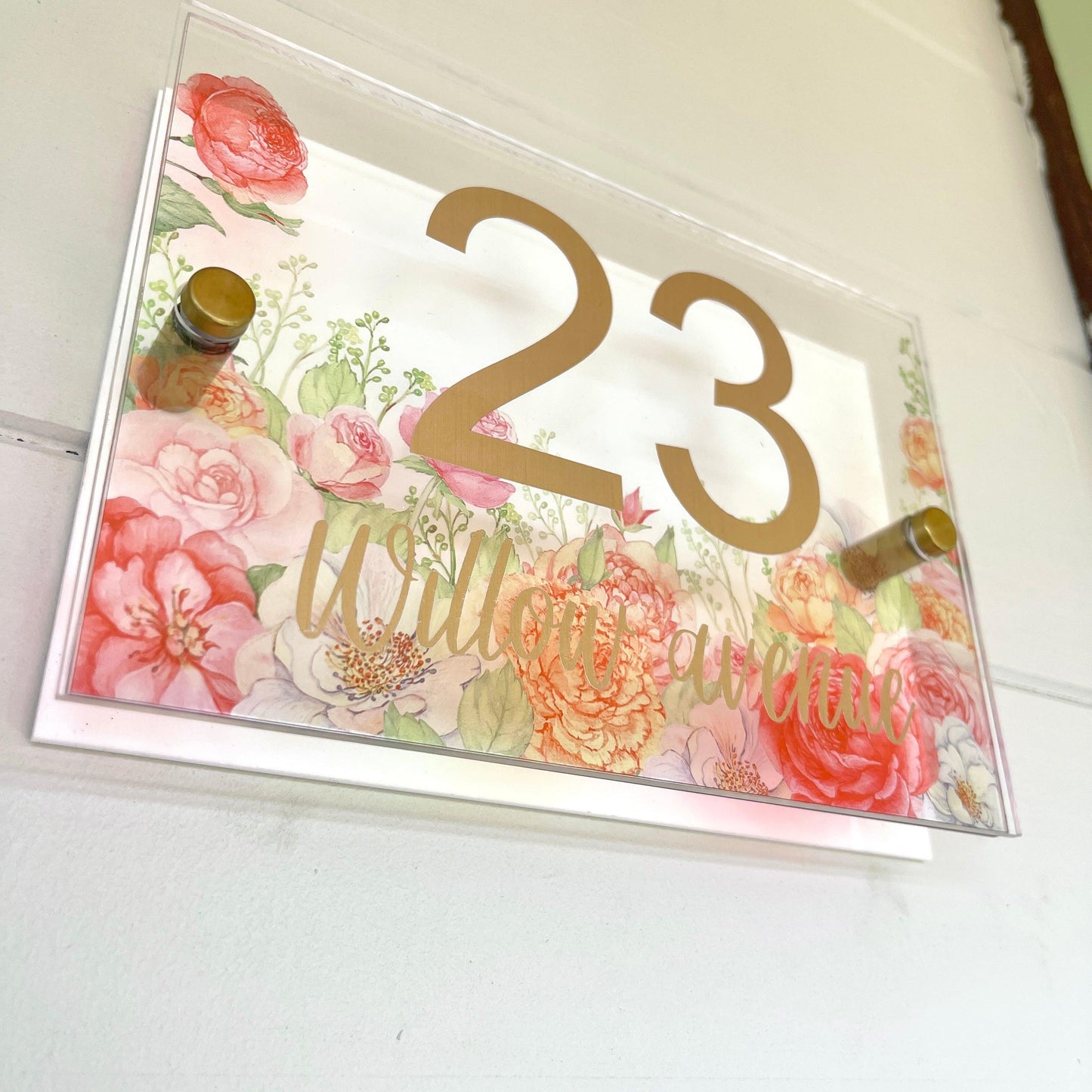 House Sign Wall Floral Cottage Door Number Street Name Plaque Acrylic Dual Layer Pretty - Luxx Signs