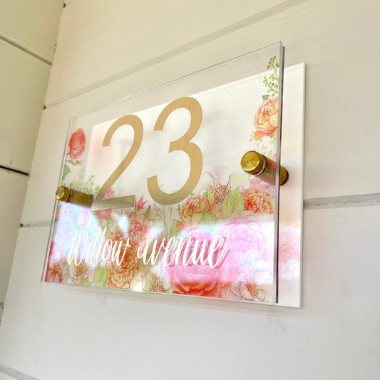 House Sign Wall Floral Cottage Door Number Street Name Plaque Acrylic Dual Layer Pretty - Luxx Signs