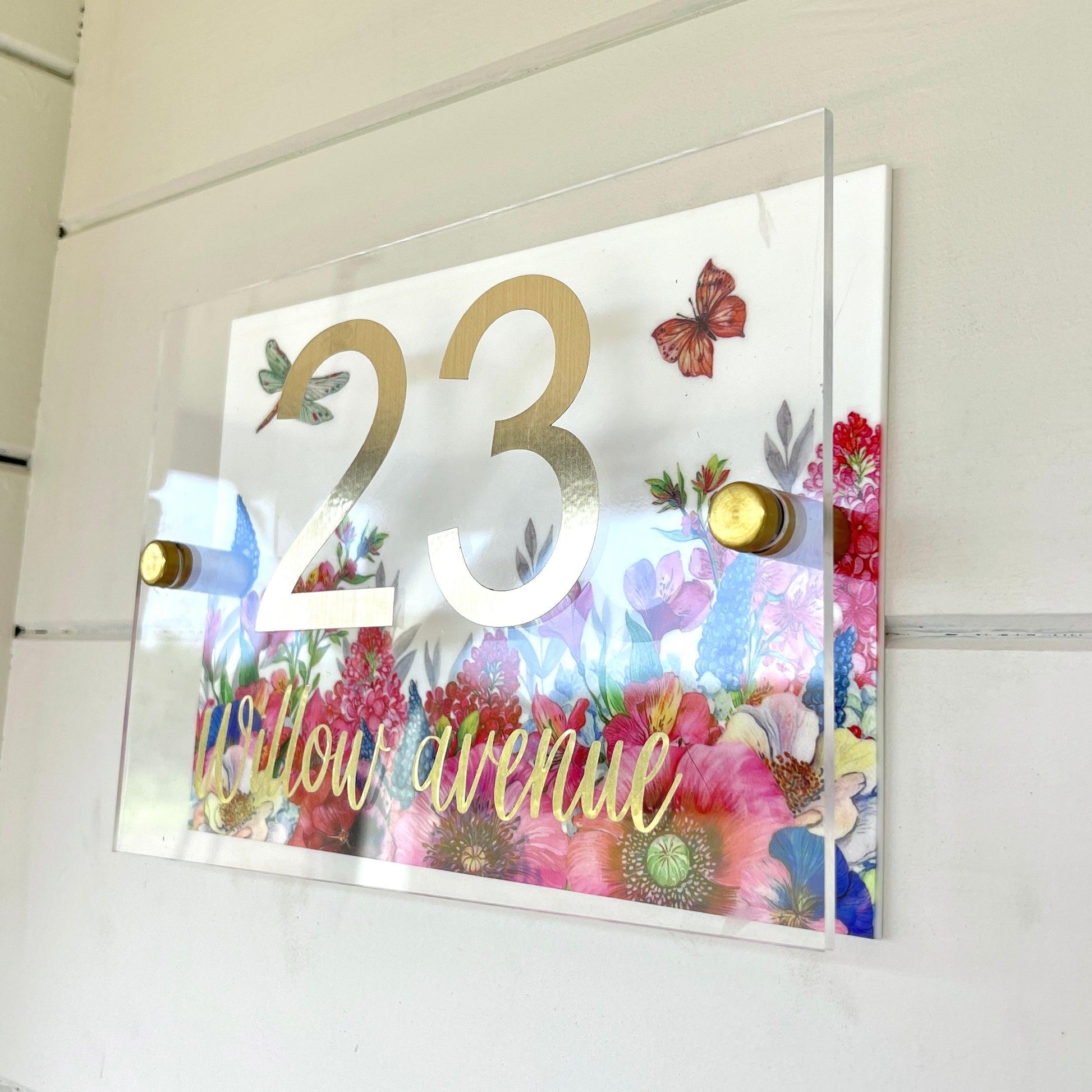 Floral House Sign Wall Cottage Garden Door Number House Name Plaque Acrylic Dual Layer Pretty Birds Butterflies Dragonflies