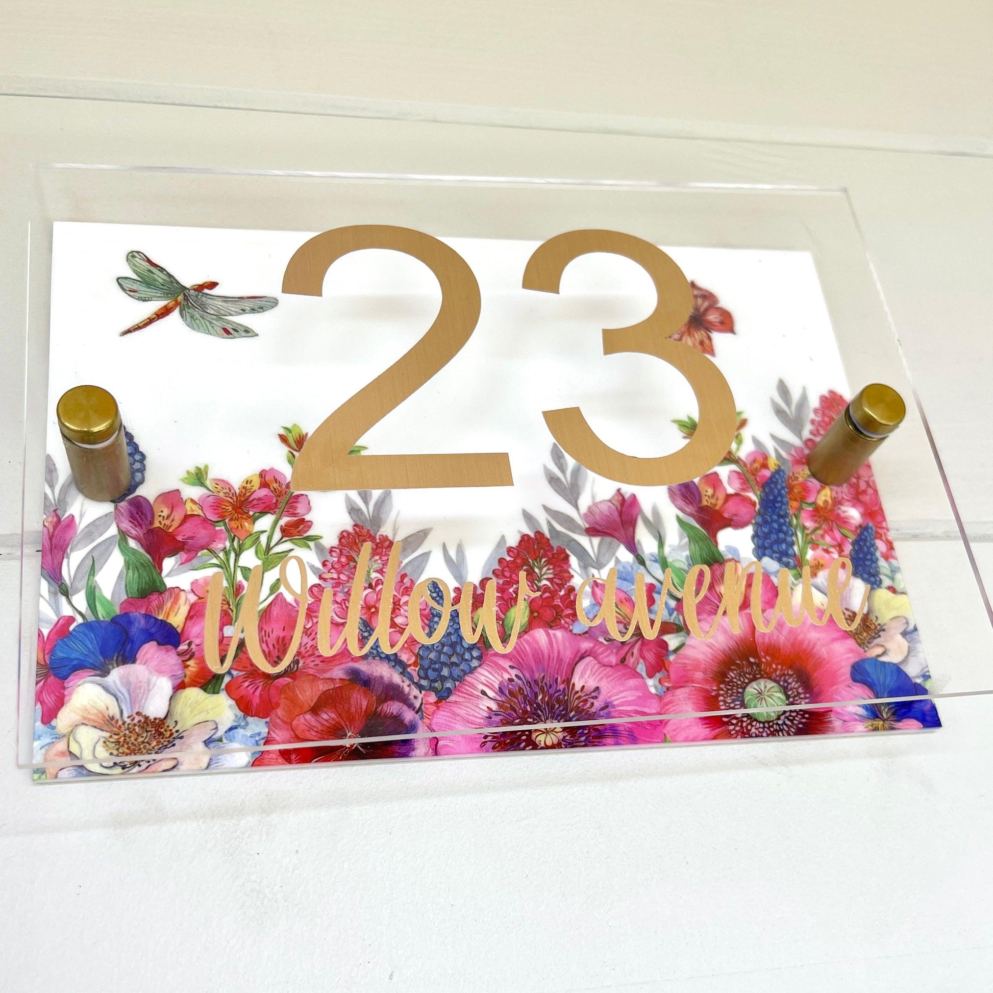 Floral House Sign Wall Cottage Garden Door Number House Name Plaque Acrylic Dual Layer Pretty Birds Butterflies Dragonflies