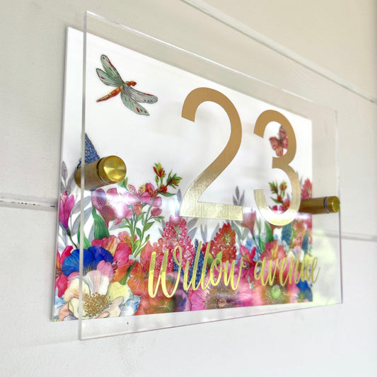 Floral House Sign Wall Cottage Garden Door Number House Name Plaque Acrylic Dual Layer Pretty Birds Butterflies Dragonflies