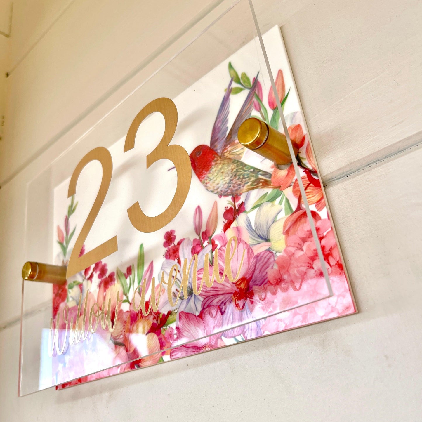 House Sign Wall Floral Cottage Door Number Street Name Plaque Acrylic Dual Layer Pretty Hummingbird Colourful Bright - Luxx Signs