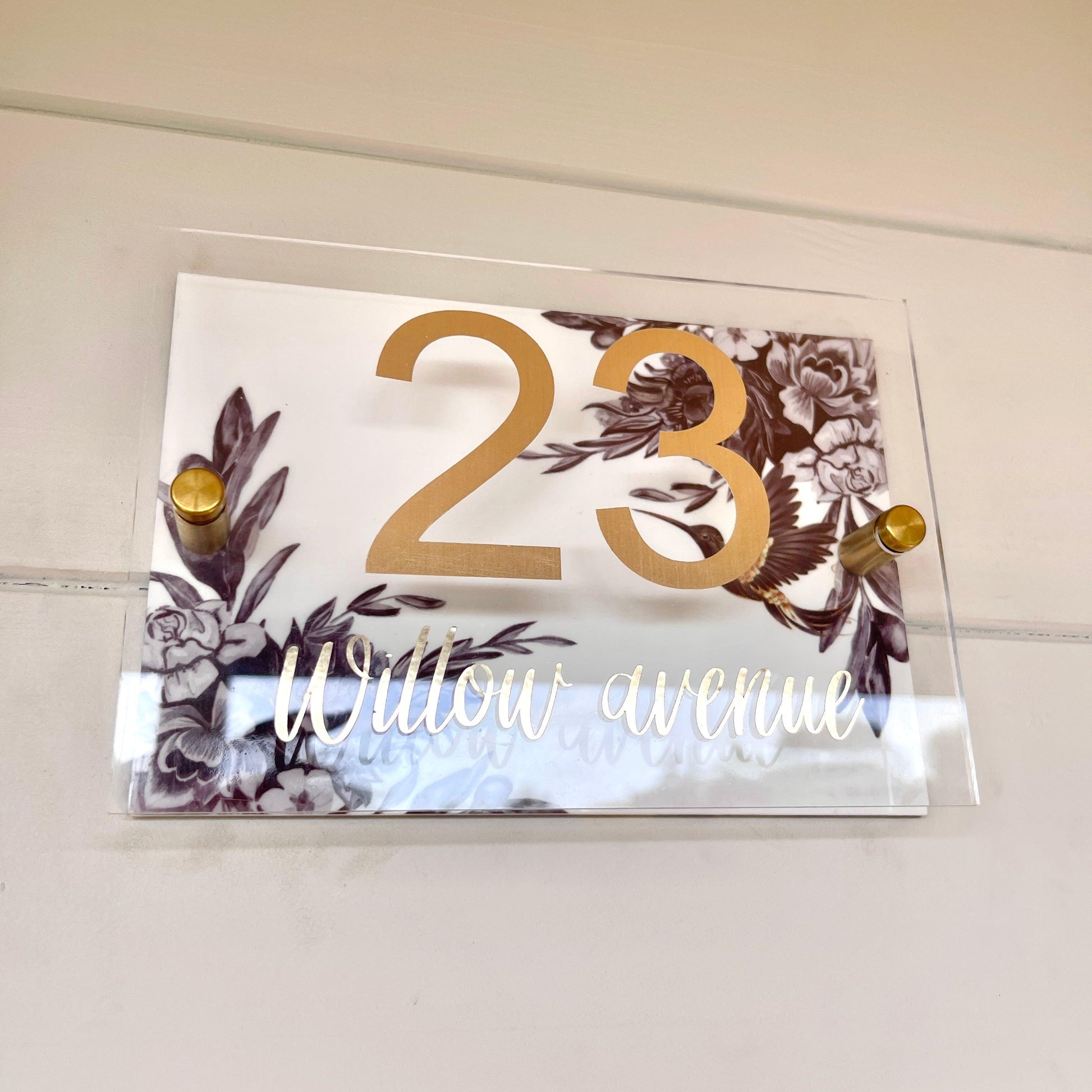 House Sign Wall Floral Cottage Door Number Street Name Plaque Acrylic Dual Layer Pretty Hummingbird Black and white - Luxx Signs