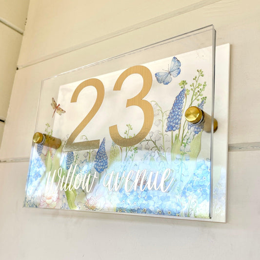 House Sign Wall Floral Cottage Door Number Street Name Plaque Acrylic Dual Layer Pretty - Luxx Signs