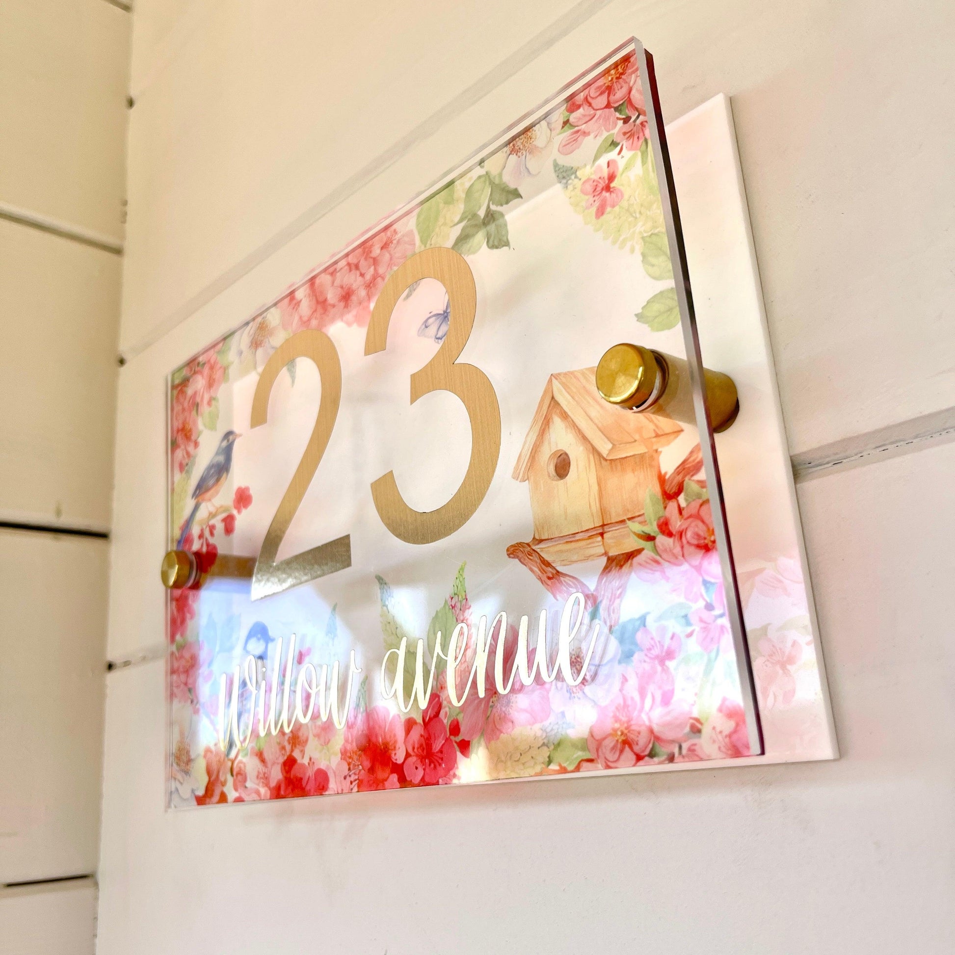 House Sign Wall Floral Cottage Door Number Street Name Plaque Acrylic Dual Layer Pretty - Luxx Signs