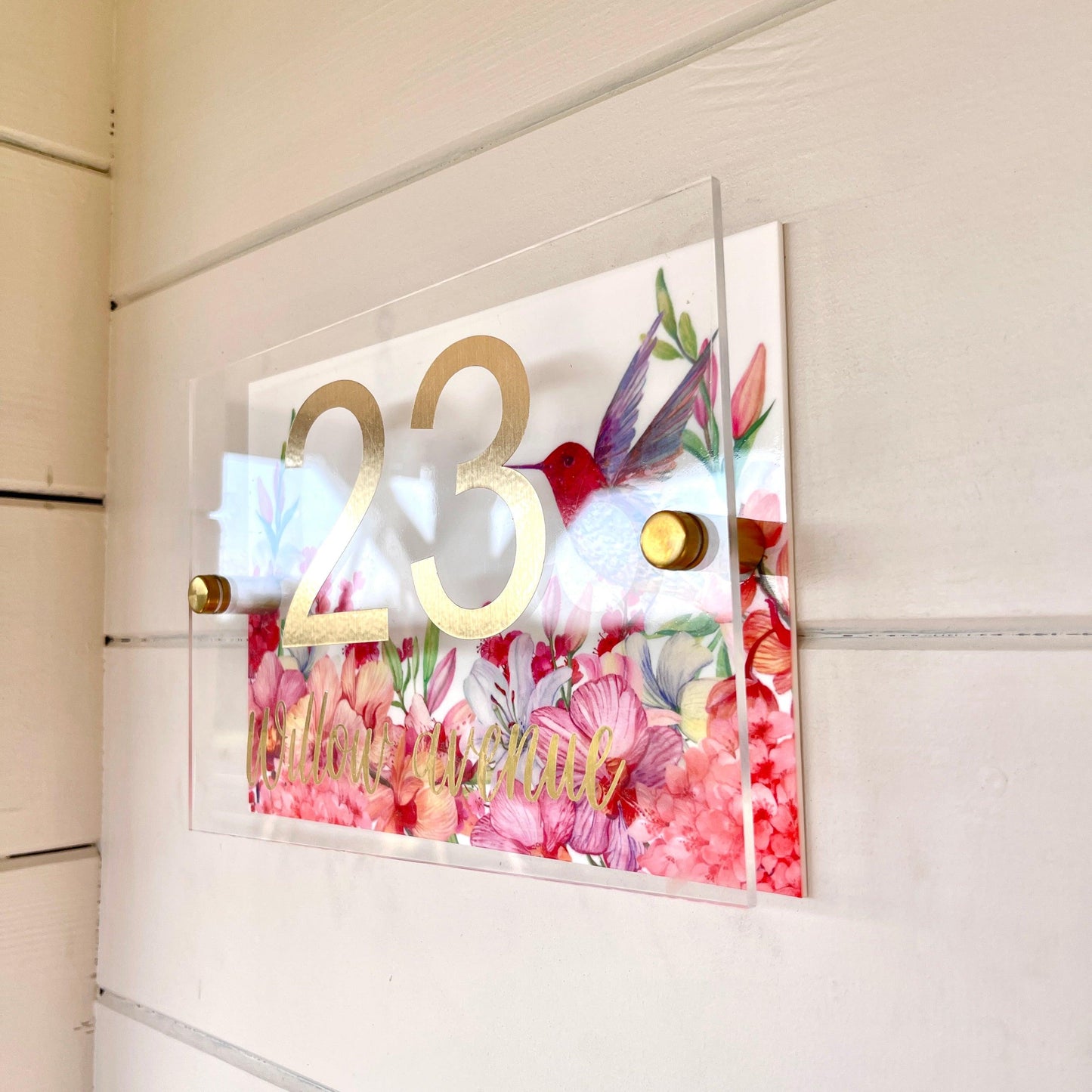 House Sign Wall Floral Cottage Door Number Street Name Plaque Acrylic Dual Layer Pretty Hummingbird Colourful Bright - Luxx Signs