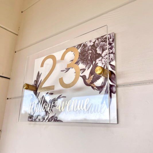 House Sign Wall Floral Cottage Door Number Street Name Plaque Acrylic Dual Layer Pretty Hummingbird Black and white - Luxx Signs