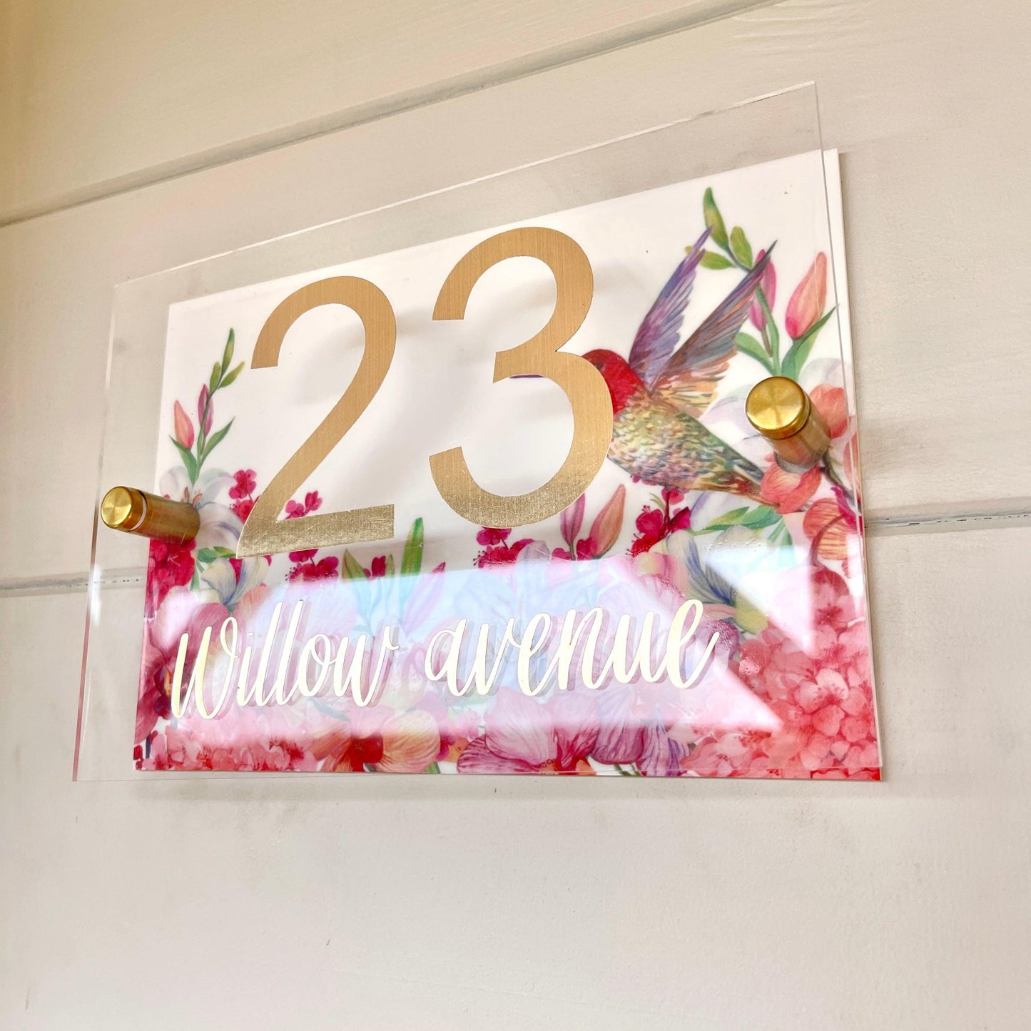 House Sign Wall Floral Cottage Door Number Street Name Plaque Acrylic Dual Layer Pretty Hummingbird Colourful Bright - Luxx Signs