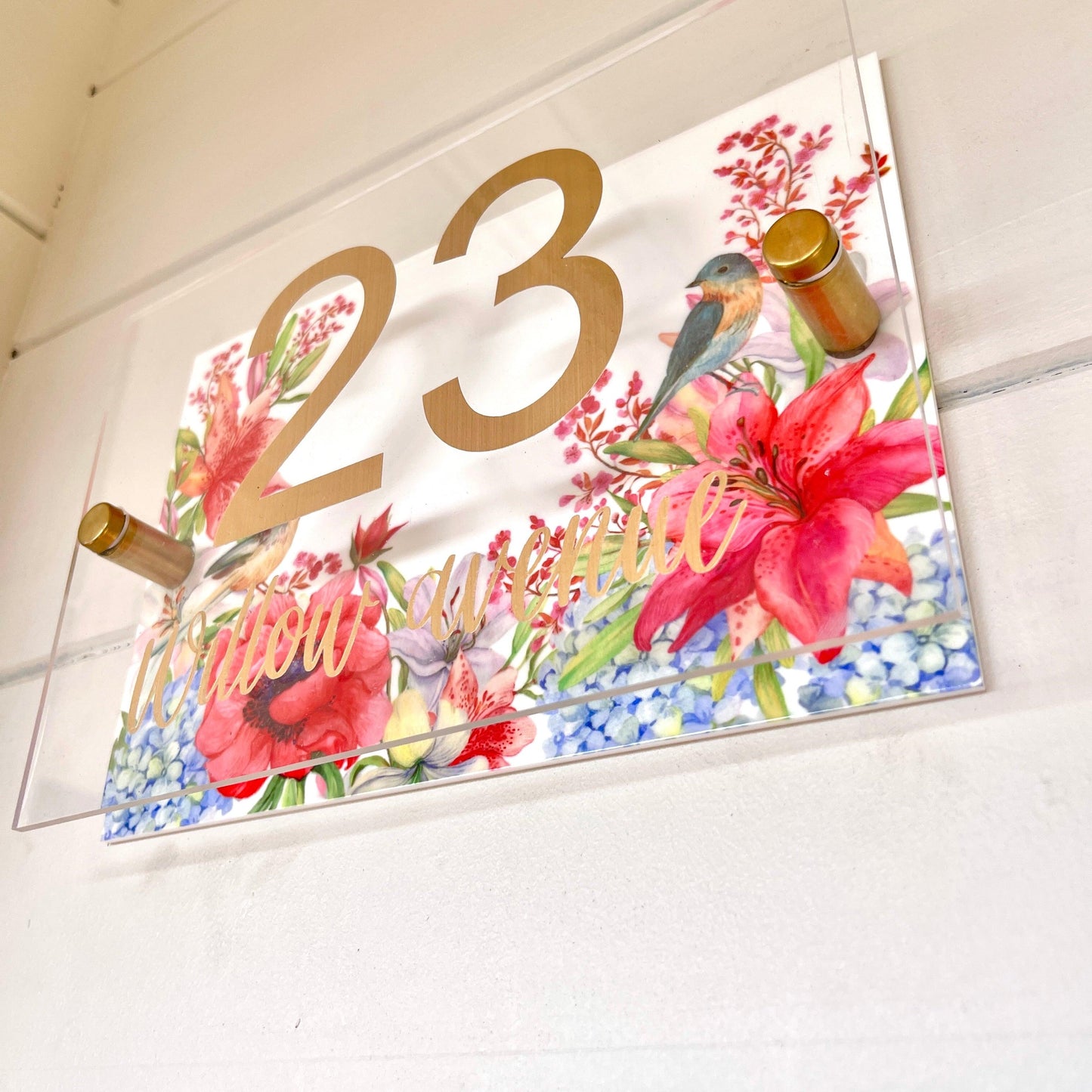 Floral House Sign Wall Cottage Garden Door Number House Name Plaque Acrylic Dual Layer Pretty Birds Butterflies Dragonflies