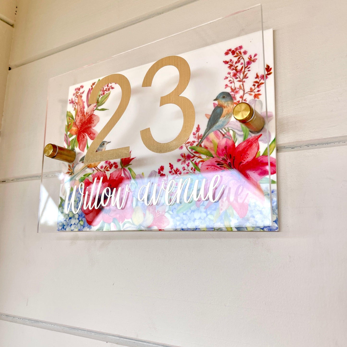 Floral House Sign Wall Cottage Door Number Street Name Plaque Acrylic Dual Layer Pretty Birds Butterflies