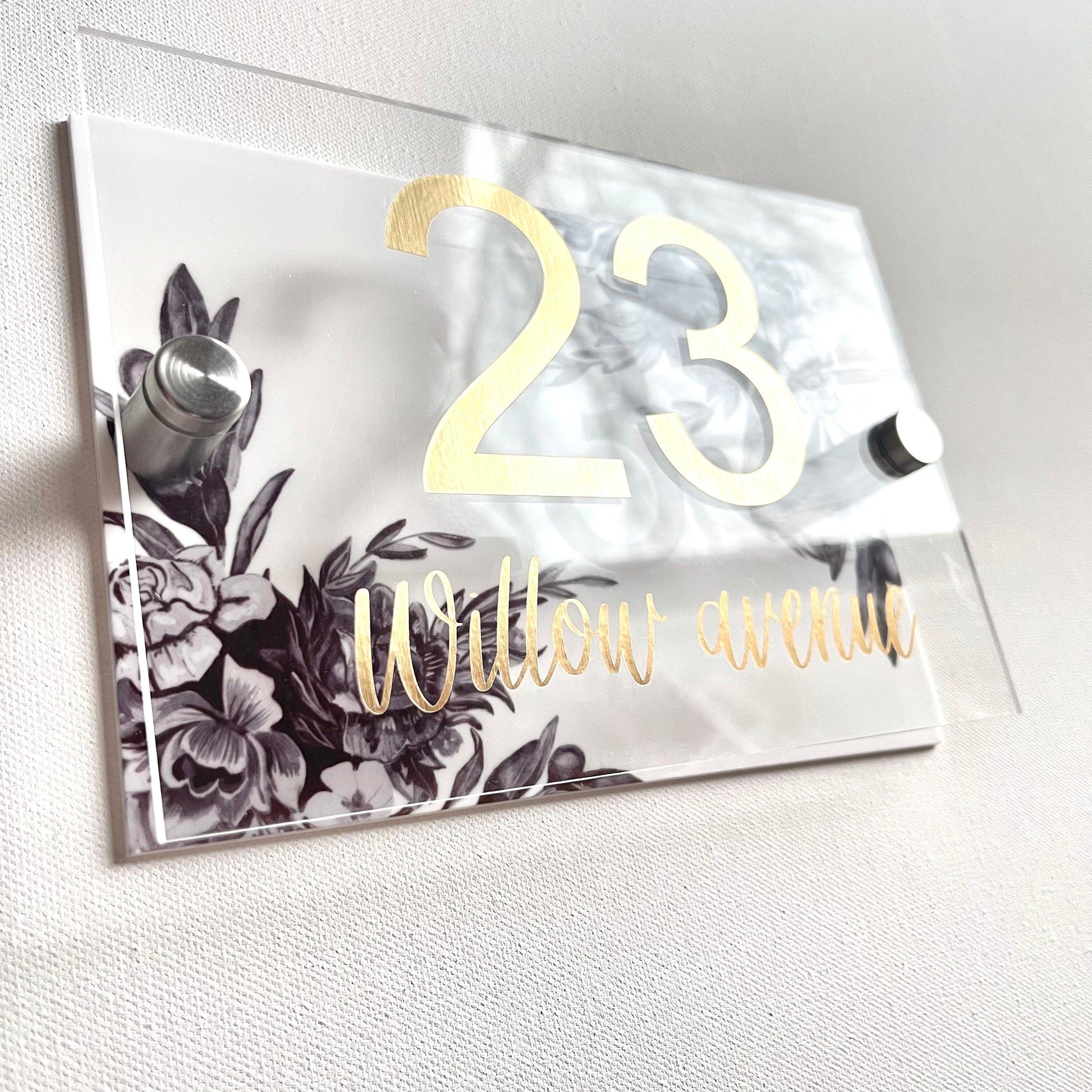 House Sign Wall Floral Cottage Door Number Street Name Plaque Acrylic Dual Layer Pretty Hummingbird Black and white - Luxx Signs